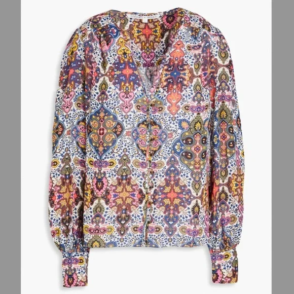 VERONICA BEARD | Sura Printed Crepe de Chine Blouse in Multicolor | Size 4 - Picture 2 of 13